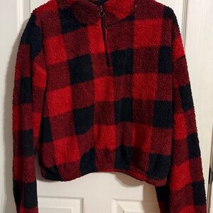 SO Brand Red and Black Plaid Fleece Cropped Pullover